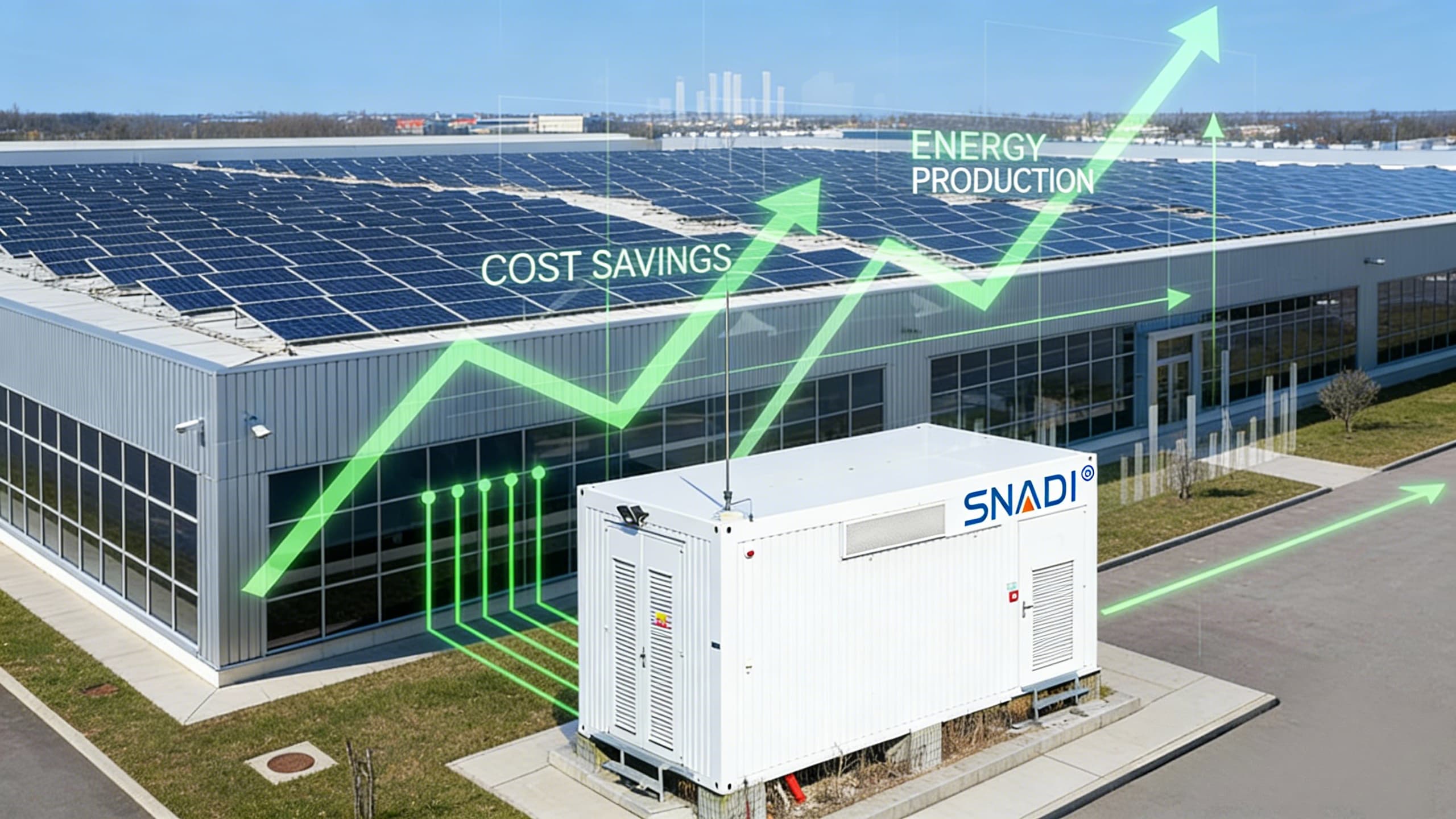 Système de stockage d'énergie par batterie industrielle SNADI (BESS) intégré aux panneaux solaires sur le toit de l'usine, avec superposition numérique des économies de coûts et de la production d'énergie.