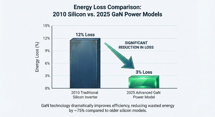 comparaison-de-perte-d'énergie-de-l'onduleur-2010-silicium-vs-2025-gan